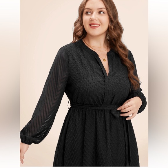 BloomChic Plus Size XL Solid Geometric Pocket Mesh Lantern Sleeve Belted Dress - Picture 3 of 9